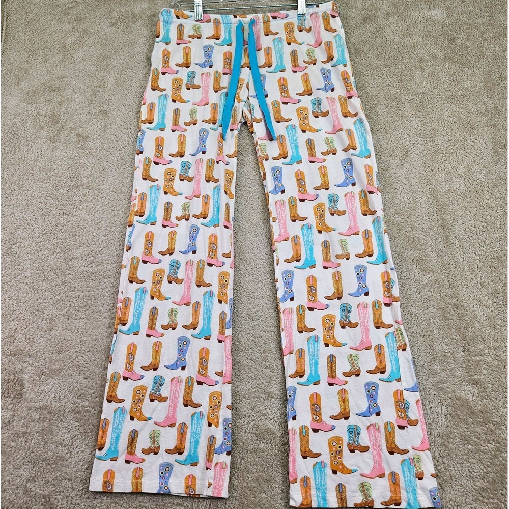 PJ Salvage Womens Small Pajama Pants Cowboy Boot Print Drawstring Wide Leg Soft